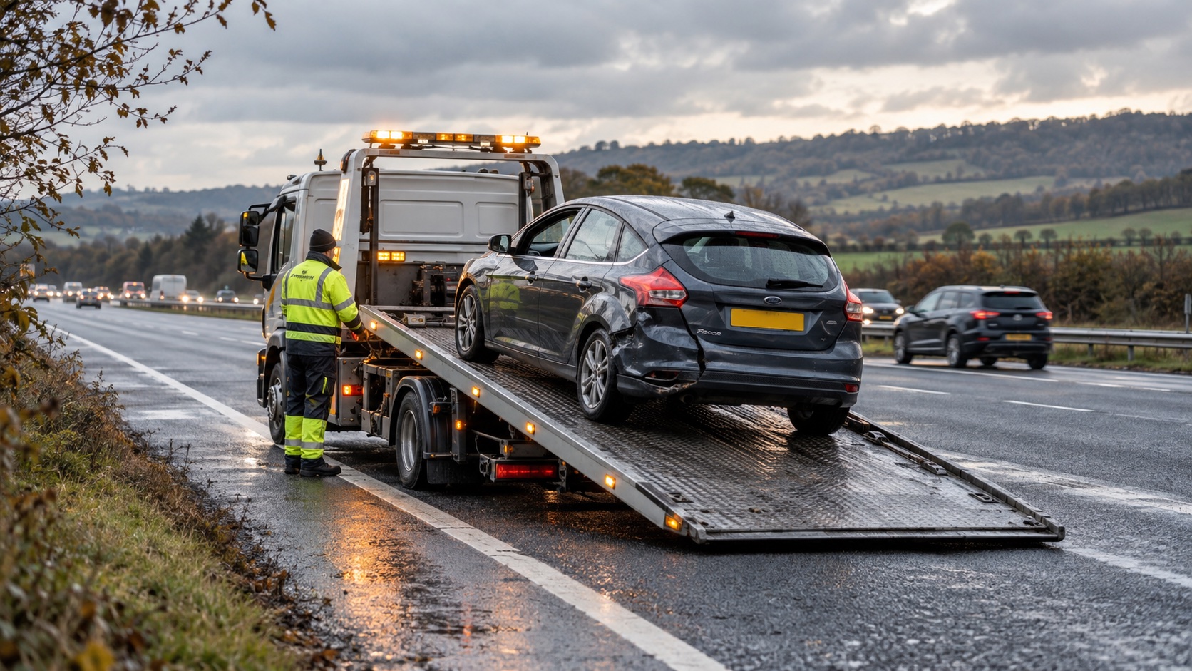 Recovery truck loading a damaged car after a roadside collision